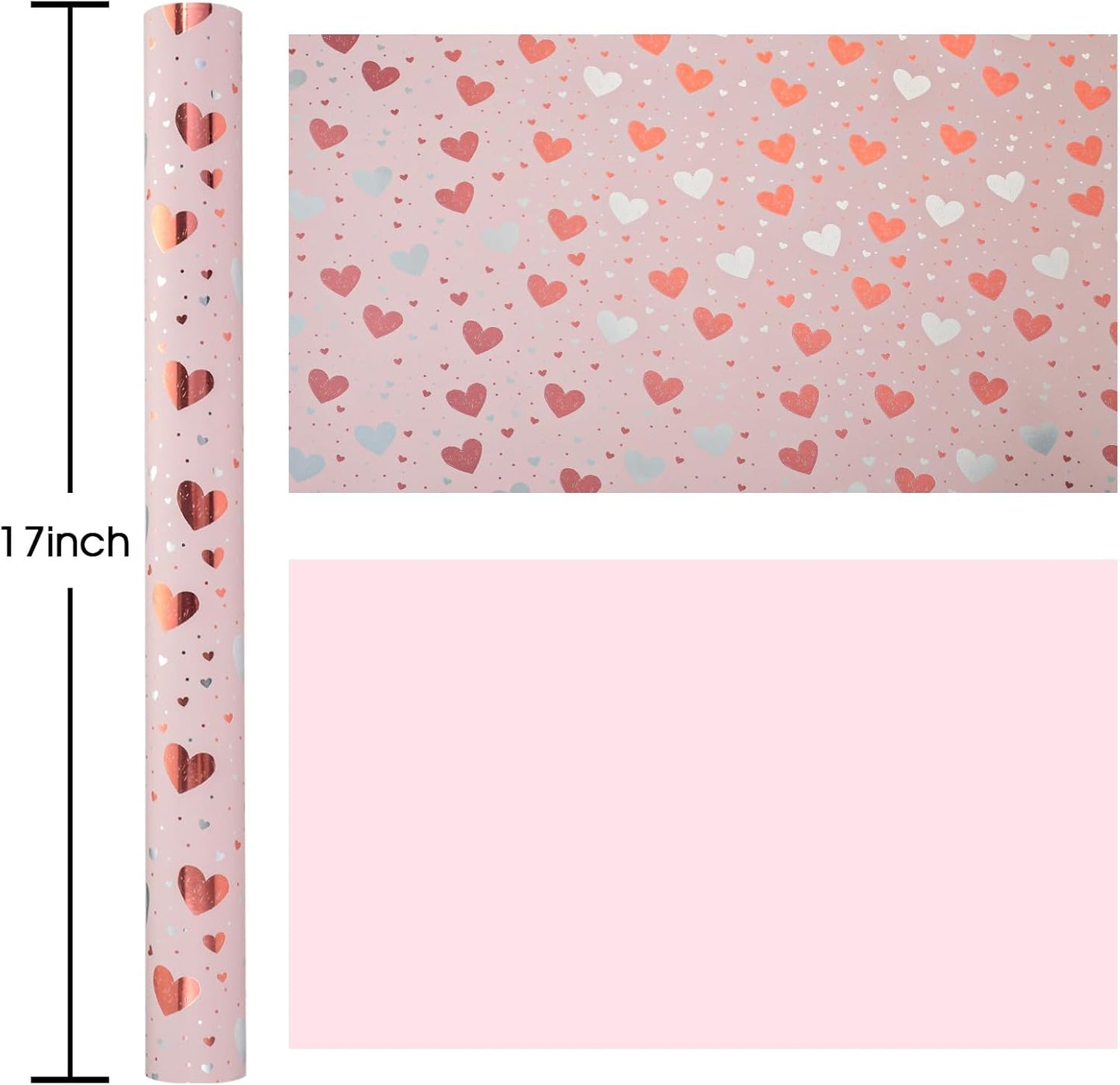 Burymento Gold Foil Heart Wrapping Paper, Reversible Pink Gift Wrap for Birthday, Valentines, Mothers day, Graduation, Wedding, Fathers day, Baby Shower, Christmas (17in x 32.8ft)