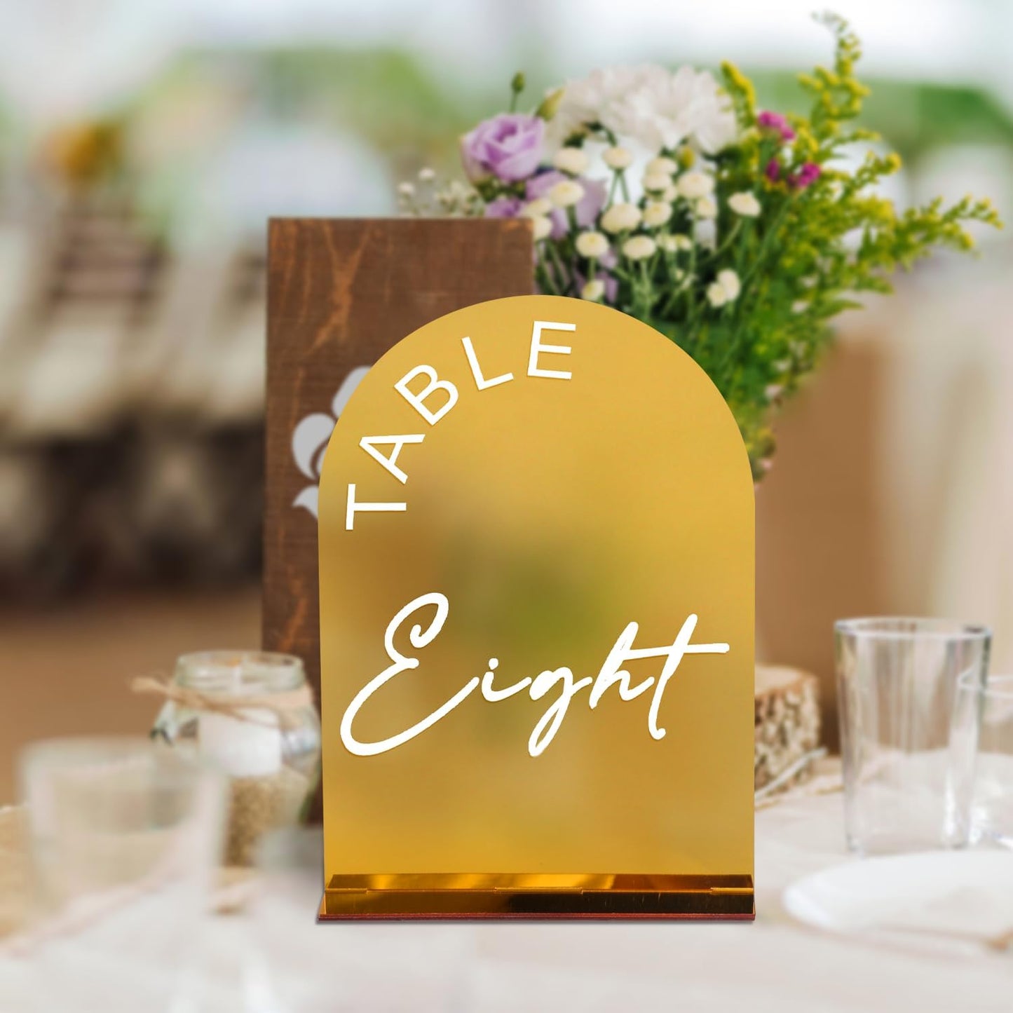 Gold Mirror Arch Wedding Table Numbers 1-15 with Stands, 5x7 Inch Acrylic Arch Sign with Holder for Wedding Reception Table Centerpiece Decoration(Gold Mirror)