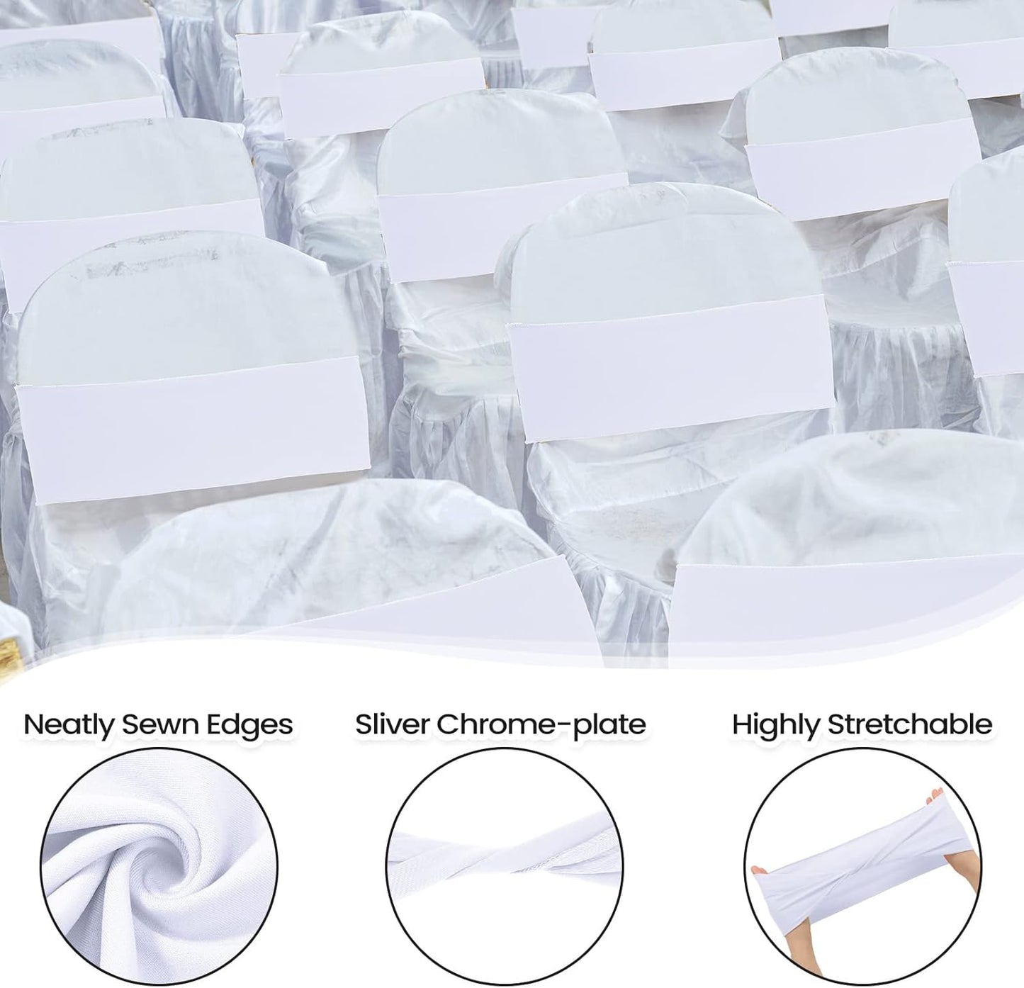 Kinlop 50 Pcs Spandex Chair Sashes Bows Chair Bands Slider Sashes for Covers Elastic Bands Ties Without Buckle Decorations for Wedding Party Events Ceremony Birthday(White)