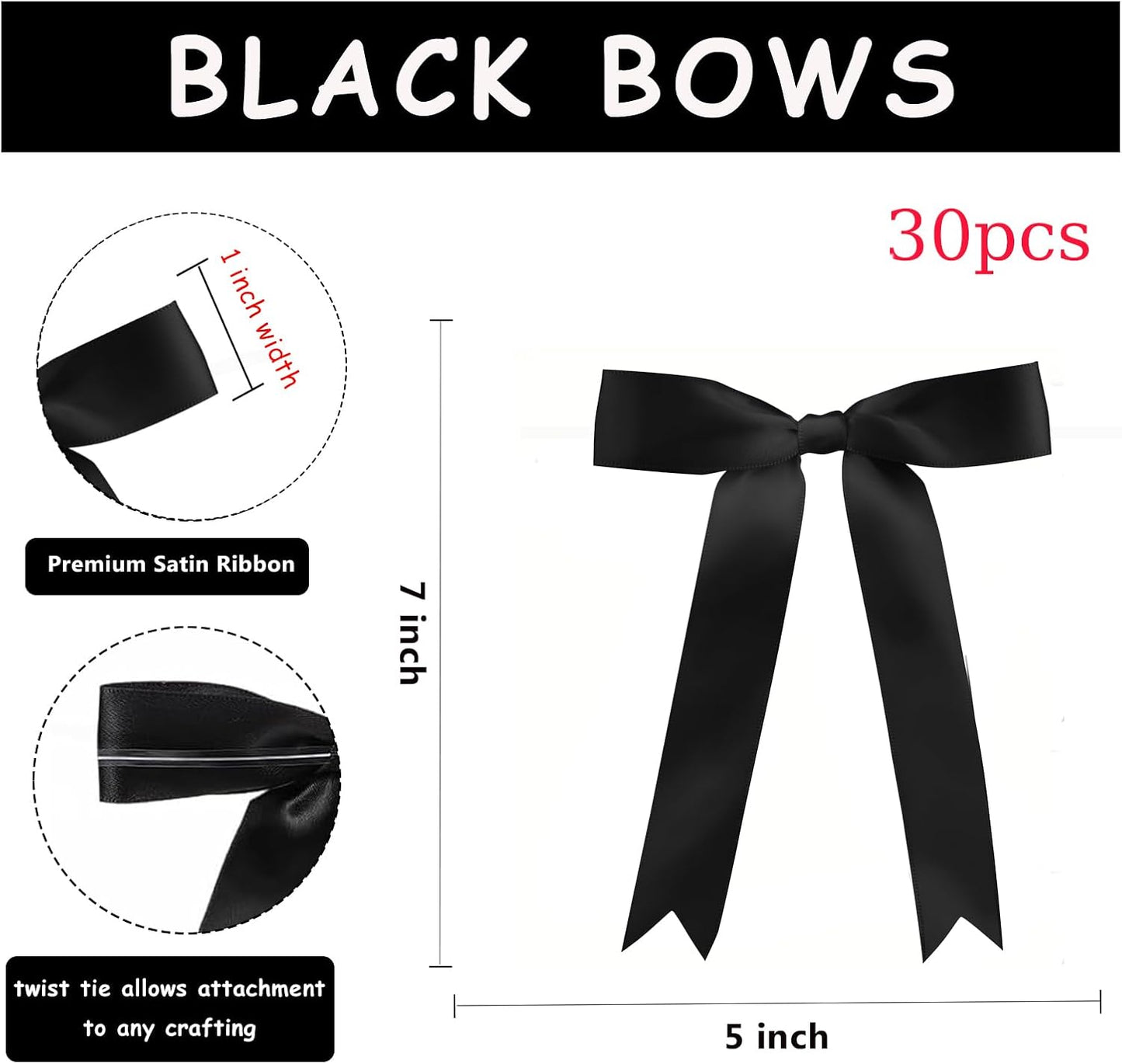 30Pcs Satin Ribbon Black Bows 5x7 Inch Twist Tie Bow for Gift Wrapping Champagne Bottle Cake Treat Bag Craft DIY Gift Christmas Birthday Party Balloons & Garland Home Decor