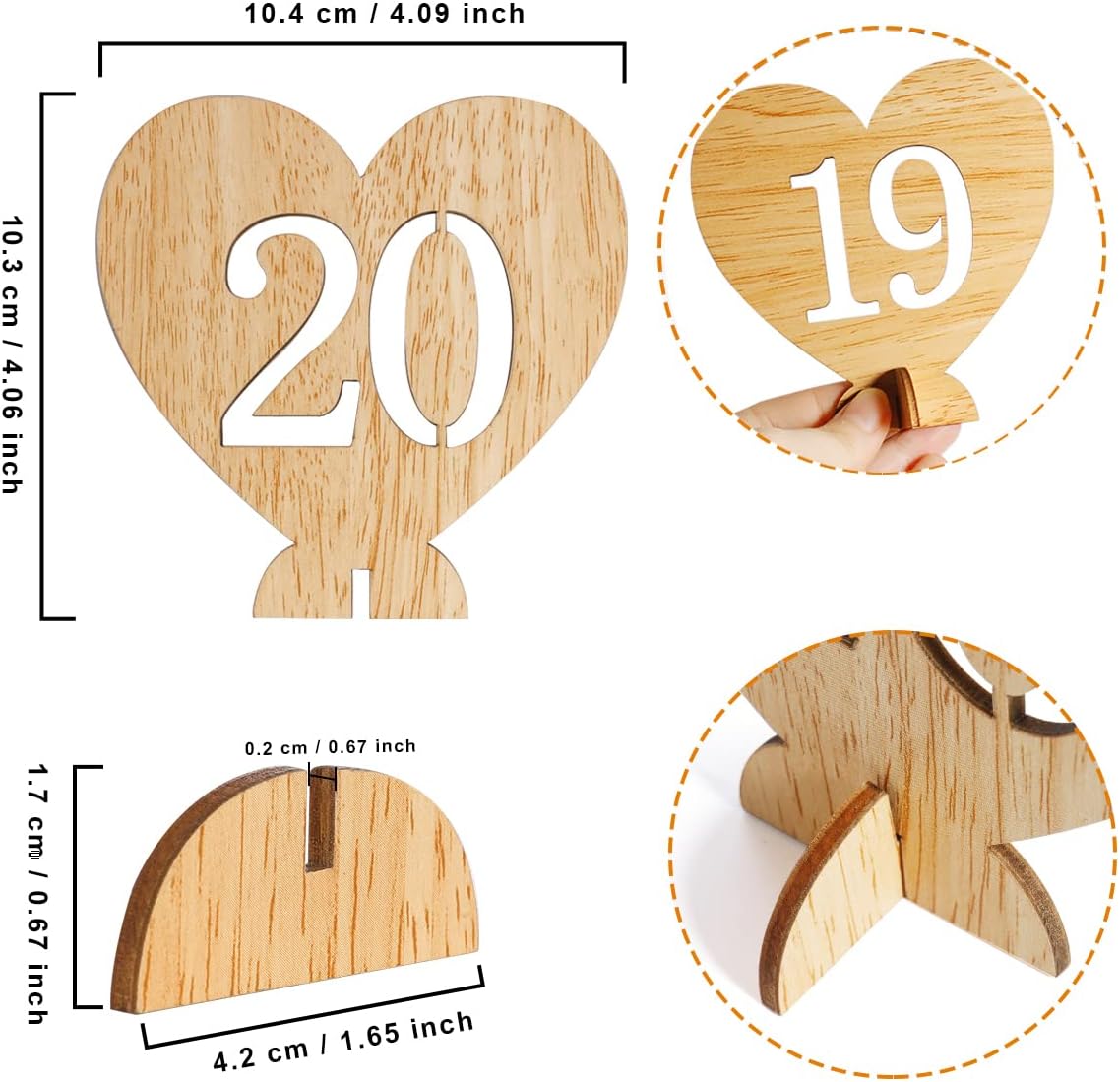 Heart Shape Wooden Table Numbers 1-20 With Holder Base - Rustic Hollow Out Wood Cards for Wedding, Party, Event Decoration