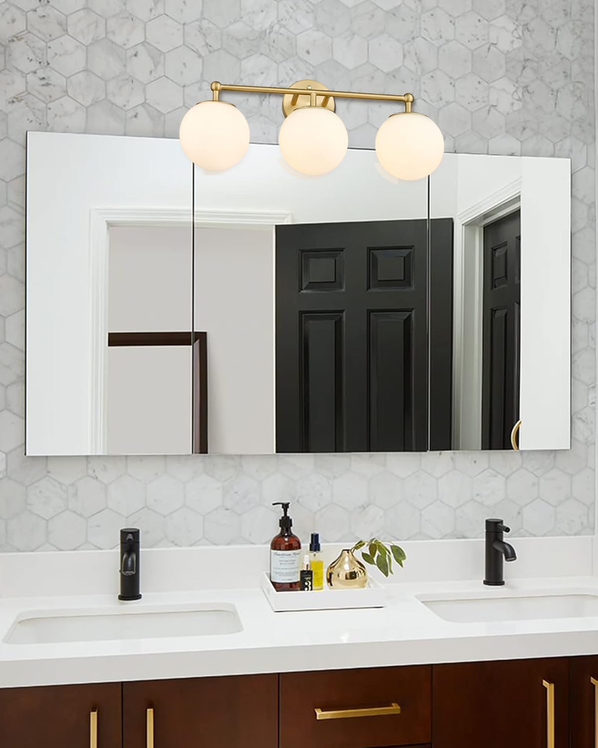 Gold Vanity Light for Bathroom, Modern Bathroom Light Fixtures Over Mirror Brushed Gold Vanity Lights 3-Light Wall Sconce with Milky Glass Globe Shade for Mirror Living Room Bedroom Hallway