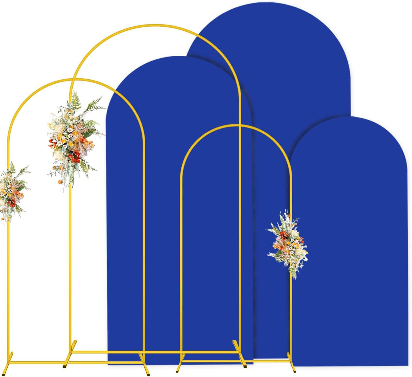 MODFUNS Arch Backdrop Stand and Cover Set 4&5&6ft Gold Arch Stand Royal Blue Arches Backdrop Cover Metal Weddding Arched Frame with Covers for Wedding Party Baby Shower Event Decor