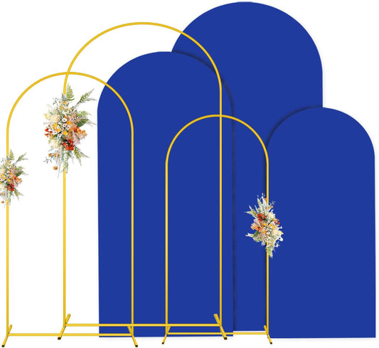 MODFUNS Arch Backdrop Stand and Cover Set 4&5&6ft Gold Arch Stand Royal Blue Arches Backdrop Cover Metal Weddding Arched Frame with Covers for Wedding Party Baby Shower Event Decor