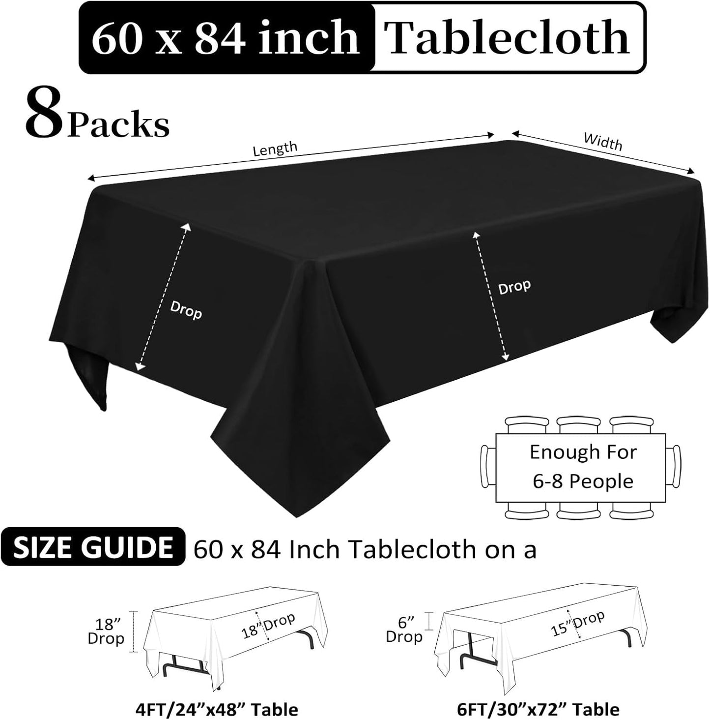 8 Pack Black Tablecloths 60 x 84 Inch Rectangular Table Cloths for Rectangle Tables 4ft, Wrinkle Resistant Black Table Cloth Washable Polyester Fabric for Buffet Wedding Party Banquet