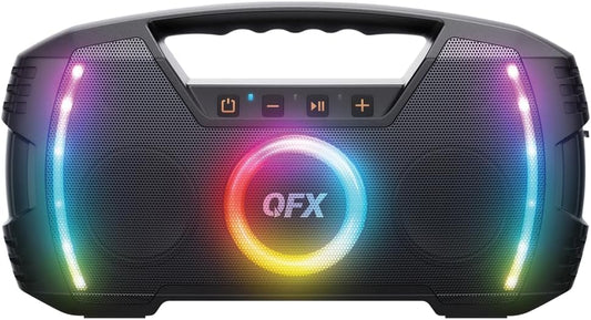 Powerful & Portable Waterproof All Terrain Bluetooth Speaker with Deep Bass, LED Party Lights, Fast USB-C Charging, FM Radio, AUX – QFX BT-ZX35