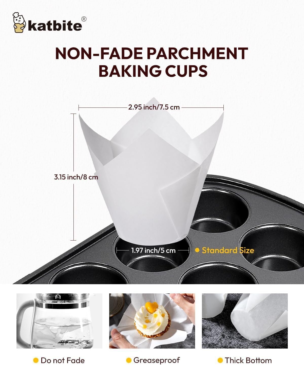 Katbite Tulip Cupcake Liners 200PCS, Muffin Baking Cupcake Liners Holders, Baking Cups, Cupcake Wrapper for Party, Wedding, Birthday(White)