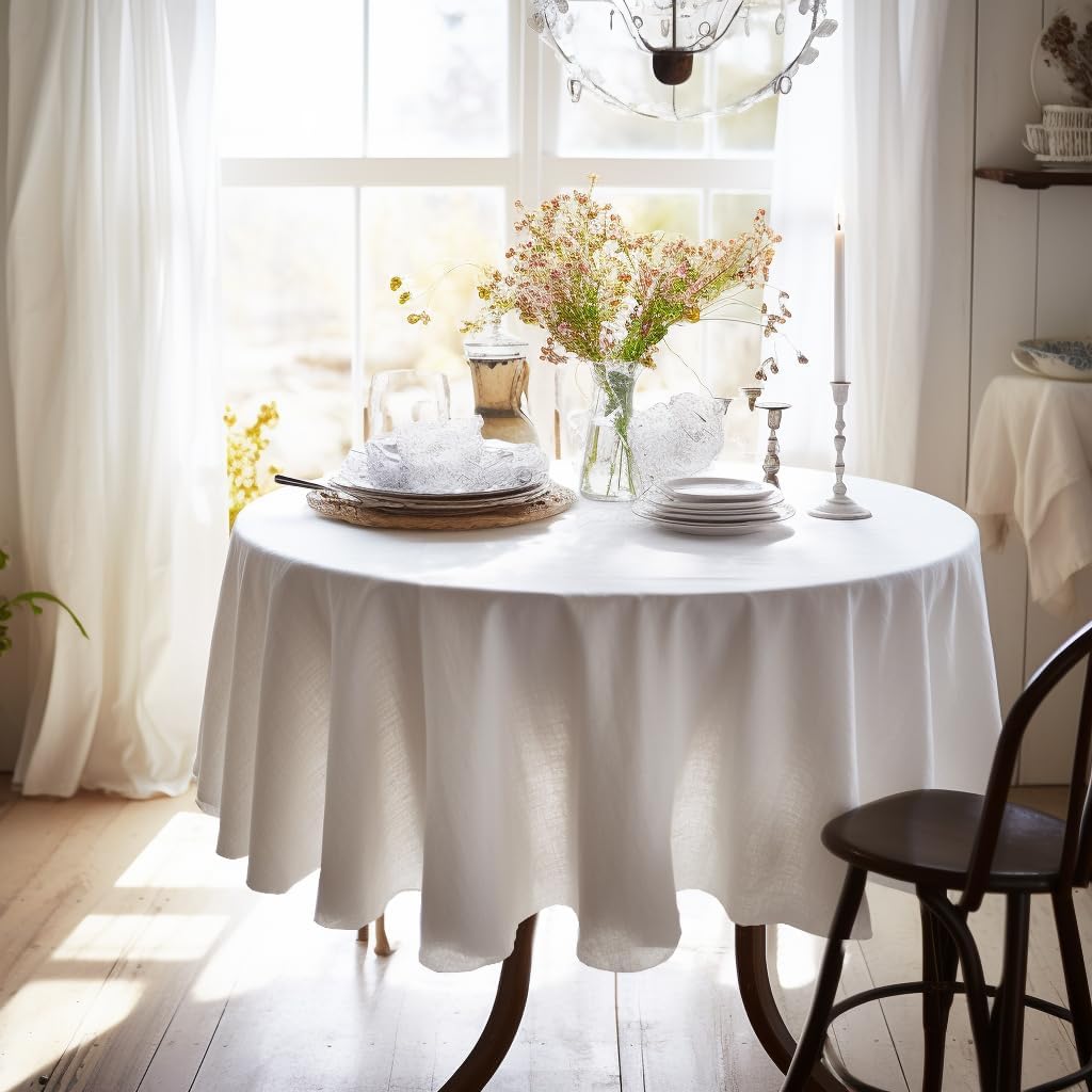 EVERLY 100% Pure Linen Round Tablecloths 90Inch Round Machine Washable Tablecloth for Thanksgiving,Decorative Halloween,Buffet Parties,Picnic,Events,Weddings and Restaurants-White