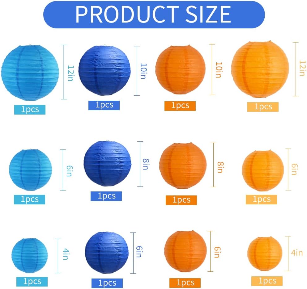 BEISHIDA 12Pcs Blue Orange Paper Lanterns Decorative Hanging Round Paper Lanterns Lamp for Birthday, Wedding,Bridal,Home Decor,Outdoor Decoration,Party Decoration