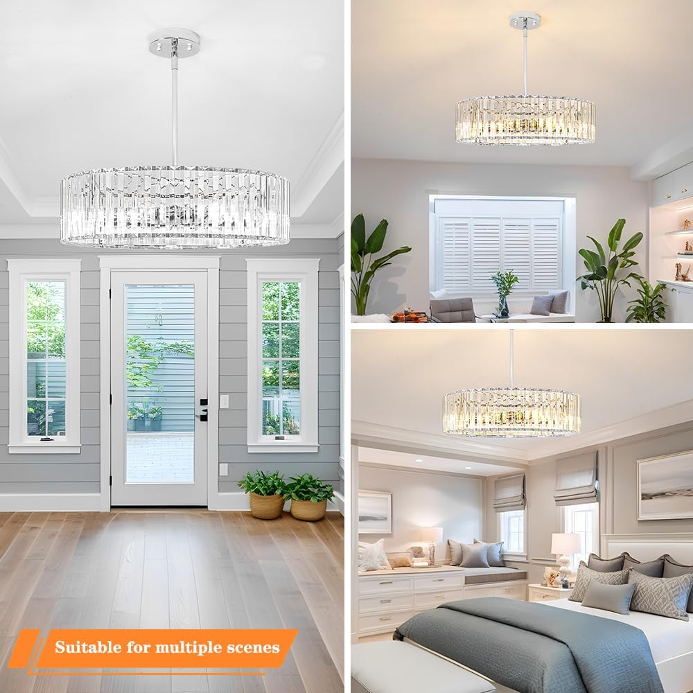 Modern Crystal Chandelier for Dining Room, 6 Light Chrome Semi Flush Mount Ceiling Light Fixtures, 19in Hallway Fixture, Round Kitchen Hanging Drum Pendant Lights Ceiling for Living Room Bedroom Foyer