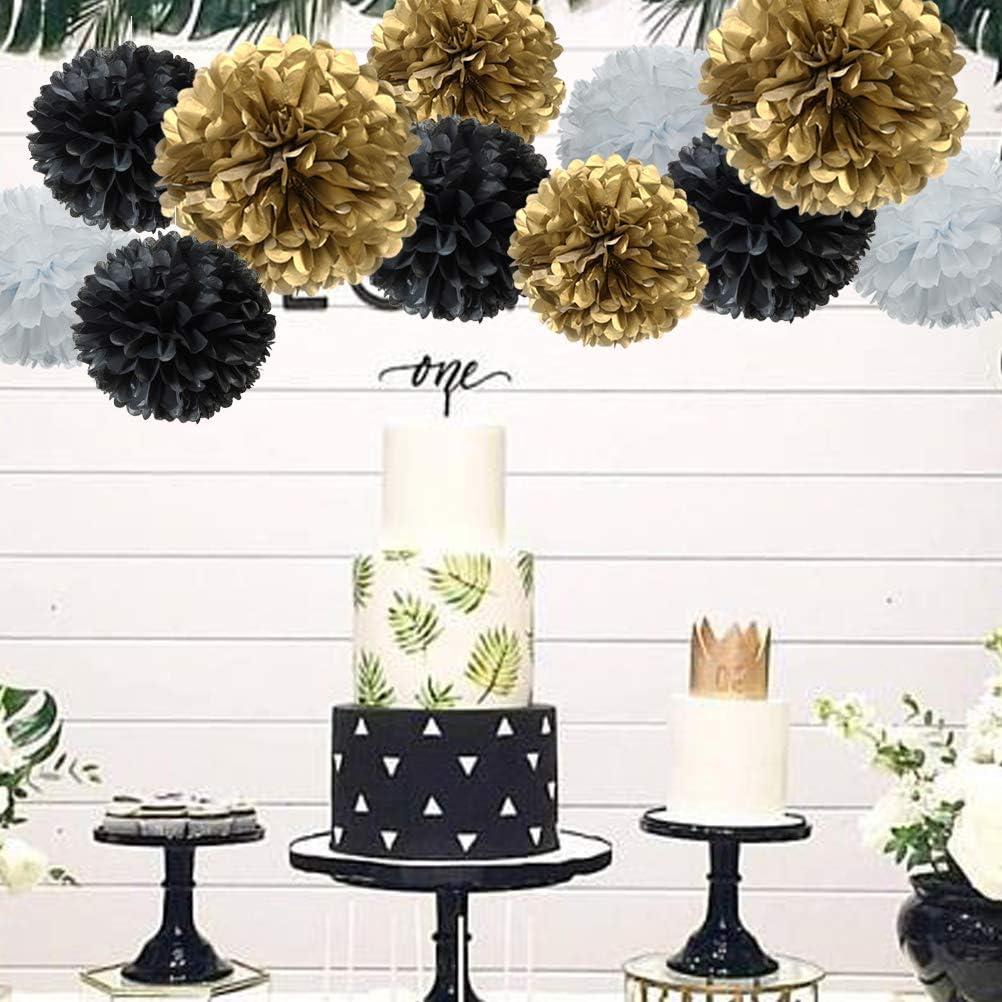 Paper Flower Tissue Pom Poms for Baby Shower New Year Party Hanging Decoration (Gold,Black,White,12pc)