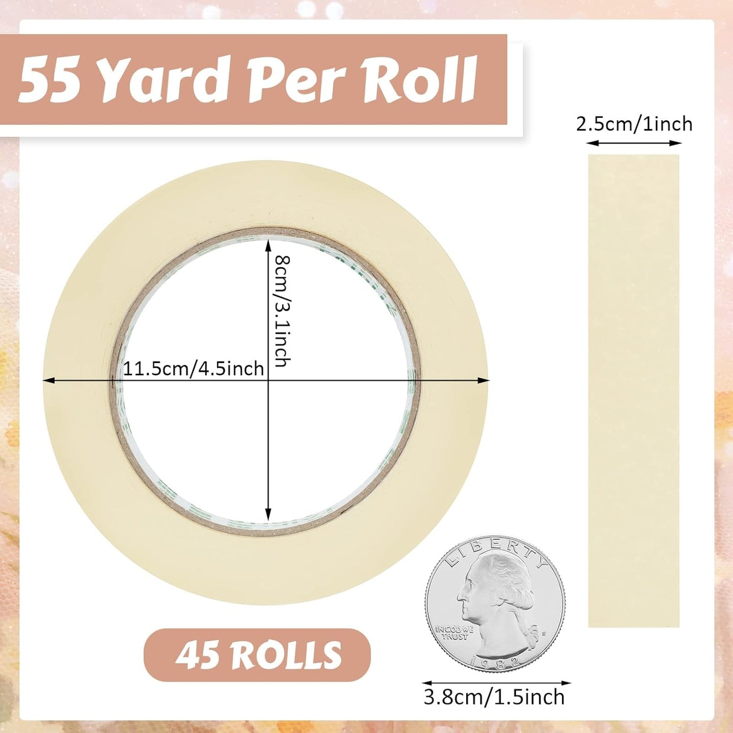 Masking Tape Bulk General Purpose Masking Painting Tape 55 Yards for Painting Home Office School Stationery Arts Crafts Basic Use, Easy Removal(45 Rolls,1 Inch)