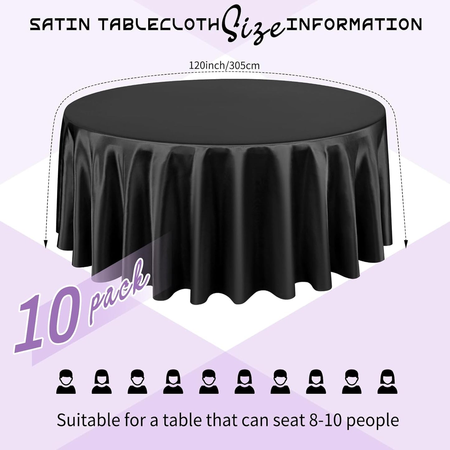 10 Packs Satin Tablecloth 120 Inch Black Round Table Cloth Silk Tablecloth Smooth Fabric Overlay Satin Table Cover Decoration for Wedding Party Banquet Events