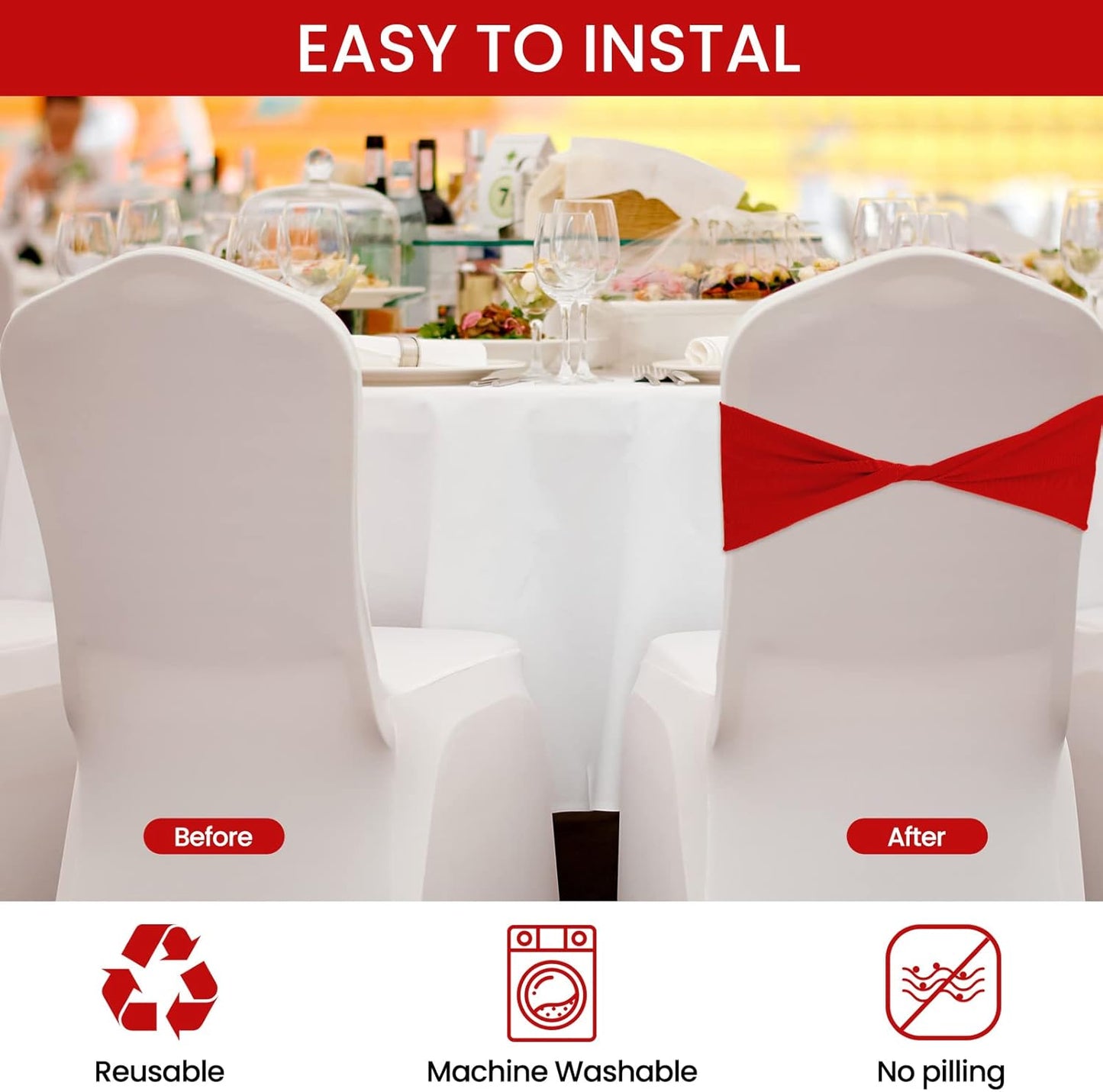 Kinlop 50 Pcs Spandex Chair Sashes Bows Chair Bands Slider Sashes for Covers Elastic Bands Ties Without Buckle Decorations for Wedding Party Events Ceremony Birthday(Red)