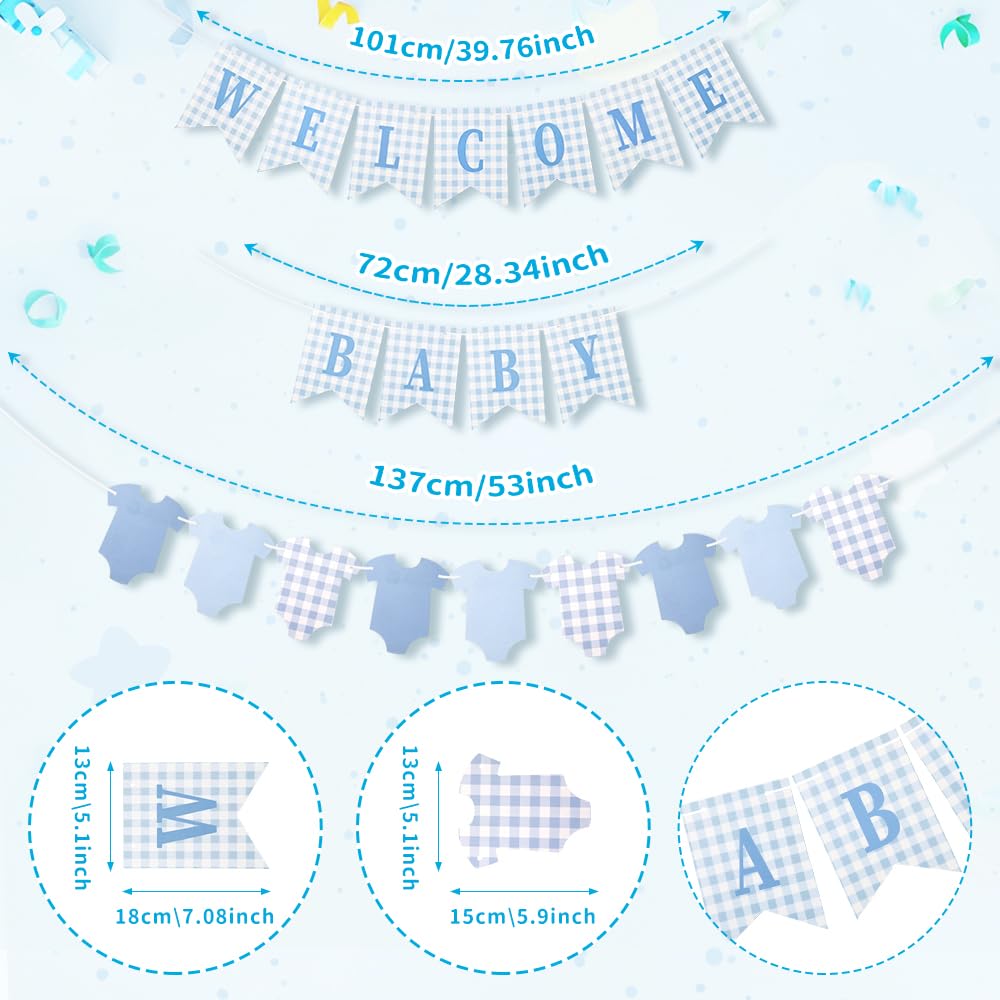 Baby Boy Baby Shower Banner, 2 PCS Pre-strung Blue Gingham Welcome Baby and Body Cloth Banner for