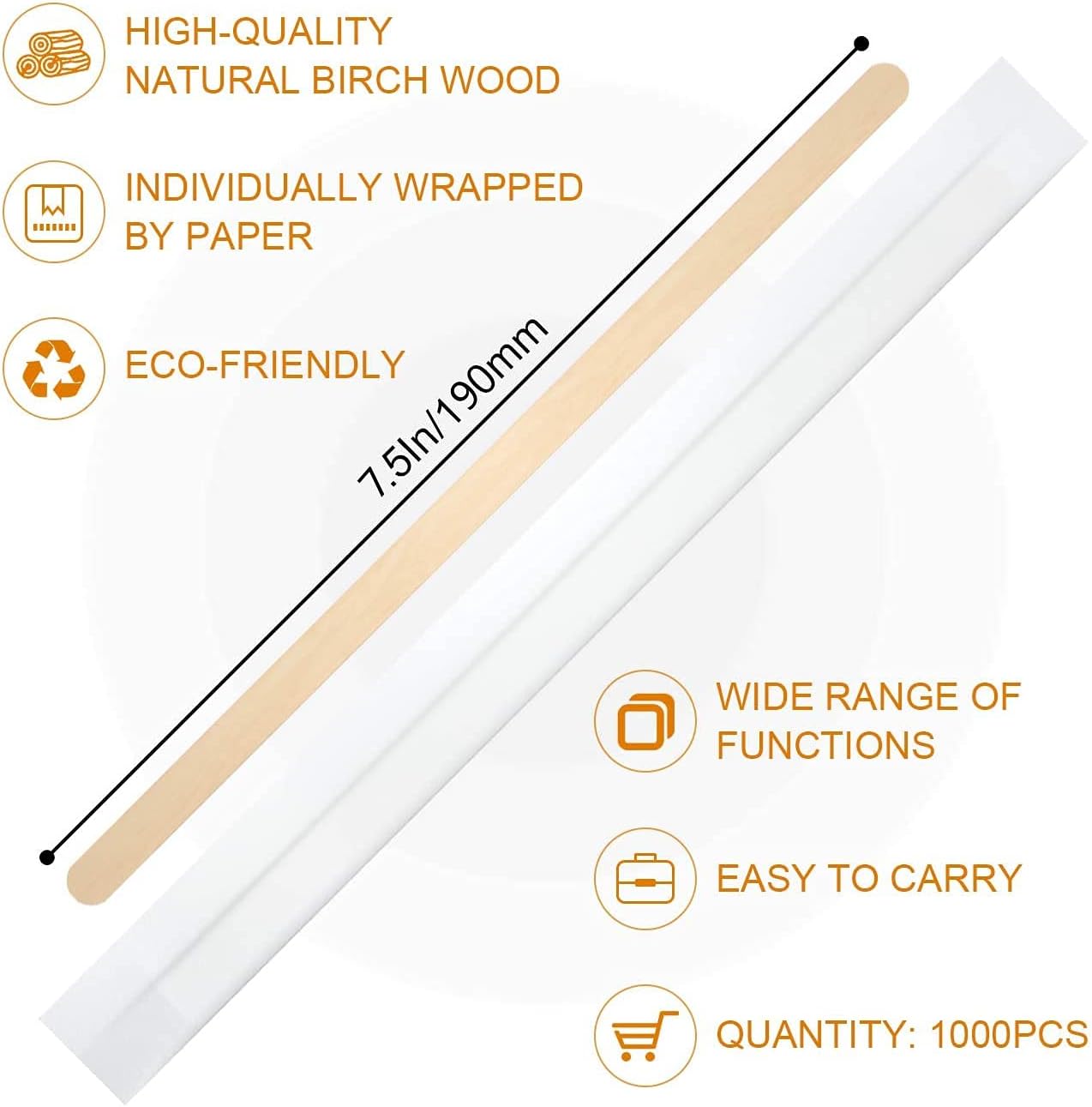 1000Pcs Disposable Wood Coffee Stir Sticks Stirrers Individually Paper Wrapped Coffee Tea Beverage Stirrers Stirrings 7.5 Inch,190mm