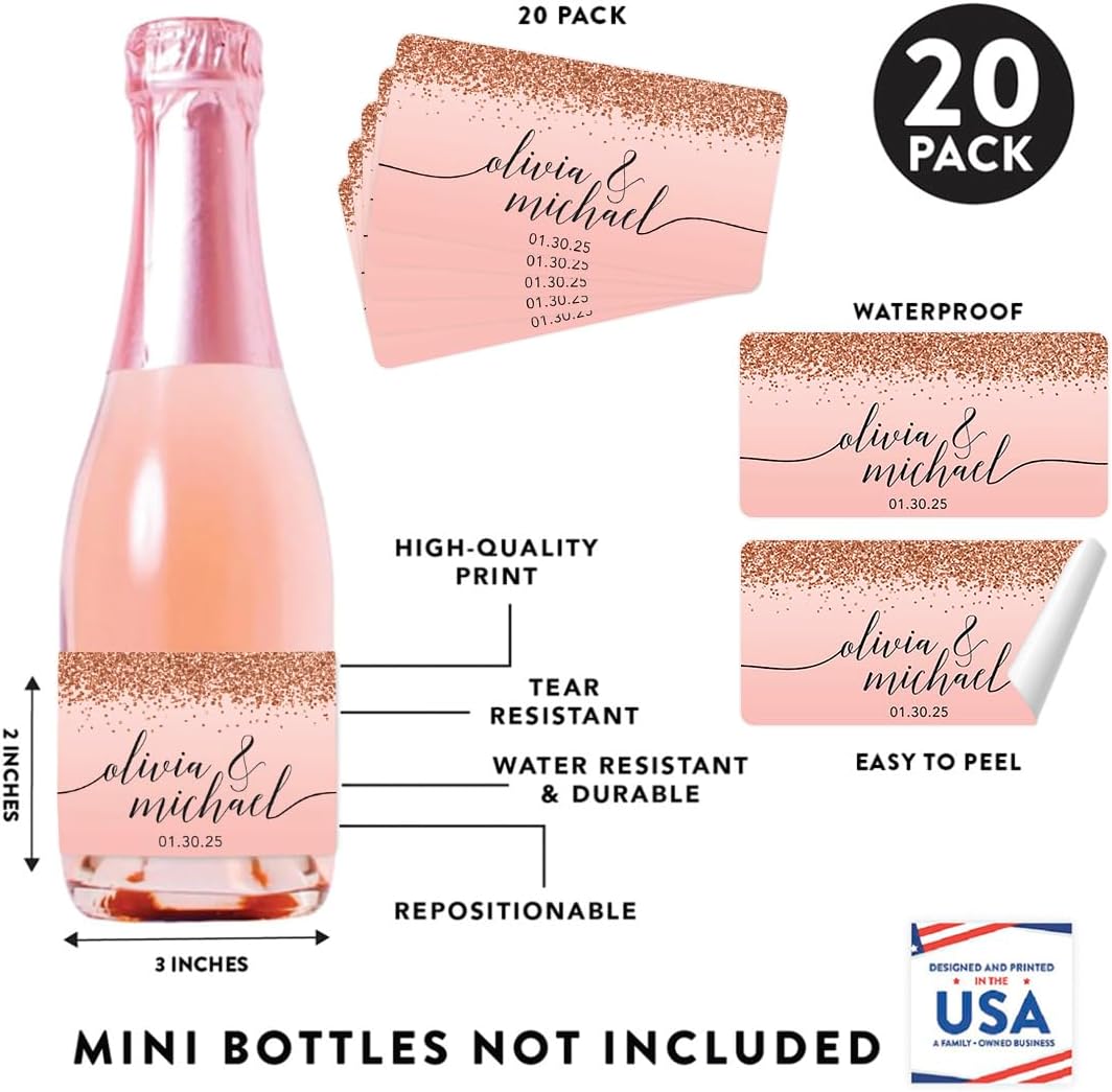 Andaz Press Personalized Mini Champagne Wine Bottle Labels, Blush Pink Faux Rose Gold Glitter Elegant, 20-Pack, Custom Wine Labels for Bottles Custom Champagne Labels Personalized Wine Labels