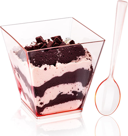 YOUBET 102 PCS Plastic Dessert Cups - 8oz Pink Clear Square Cups - 51 Pack Mini Appetizer Cup with Pink Tasting Spoons for Pudding, Fruit, Yogurt Parfait and Ice Cream