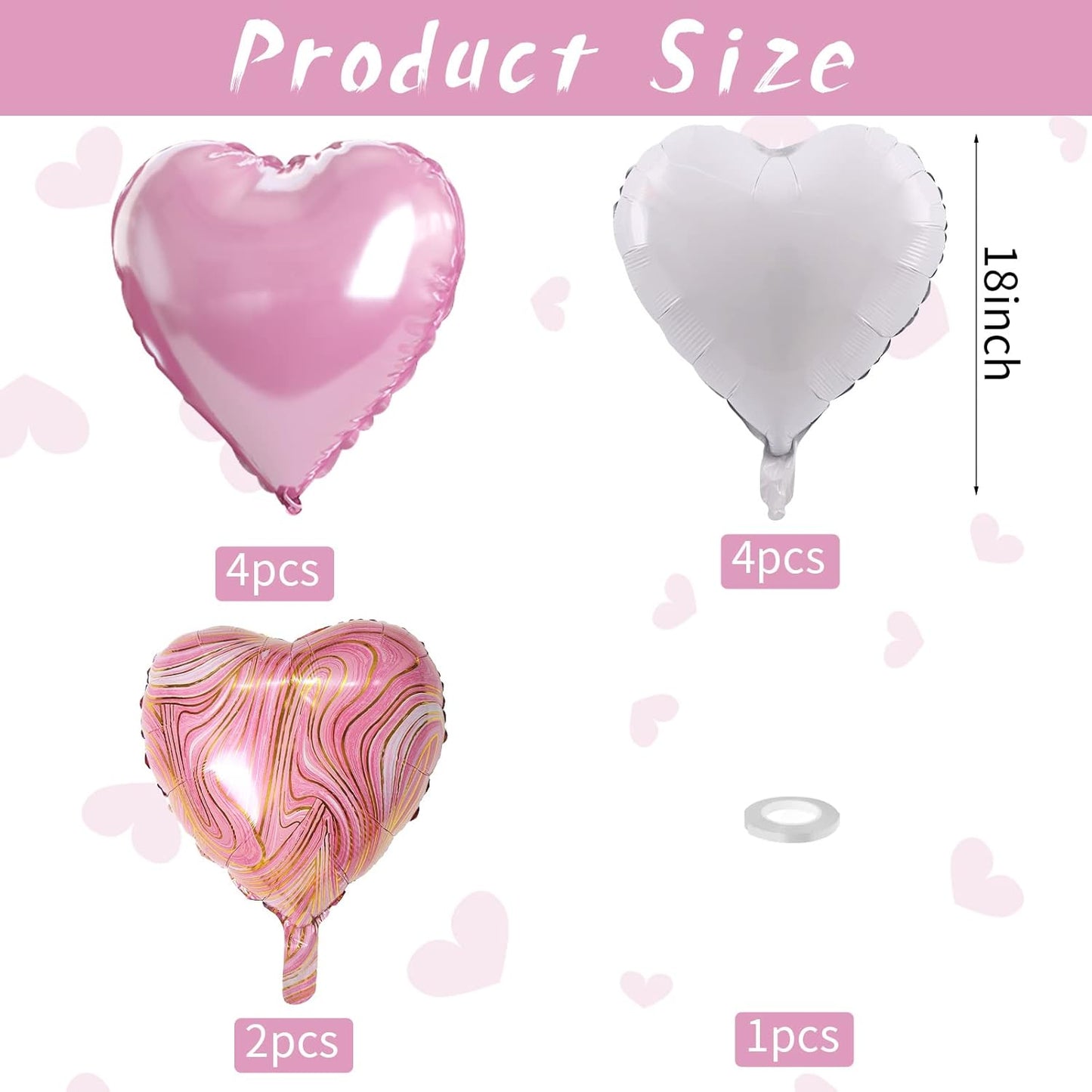 Pink White Agate Heart Shape Balloons - 10PCS Pink & White Foil Heart Balloons for Valentine's Day Decorations - 18inch