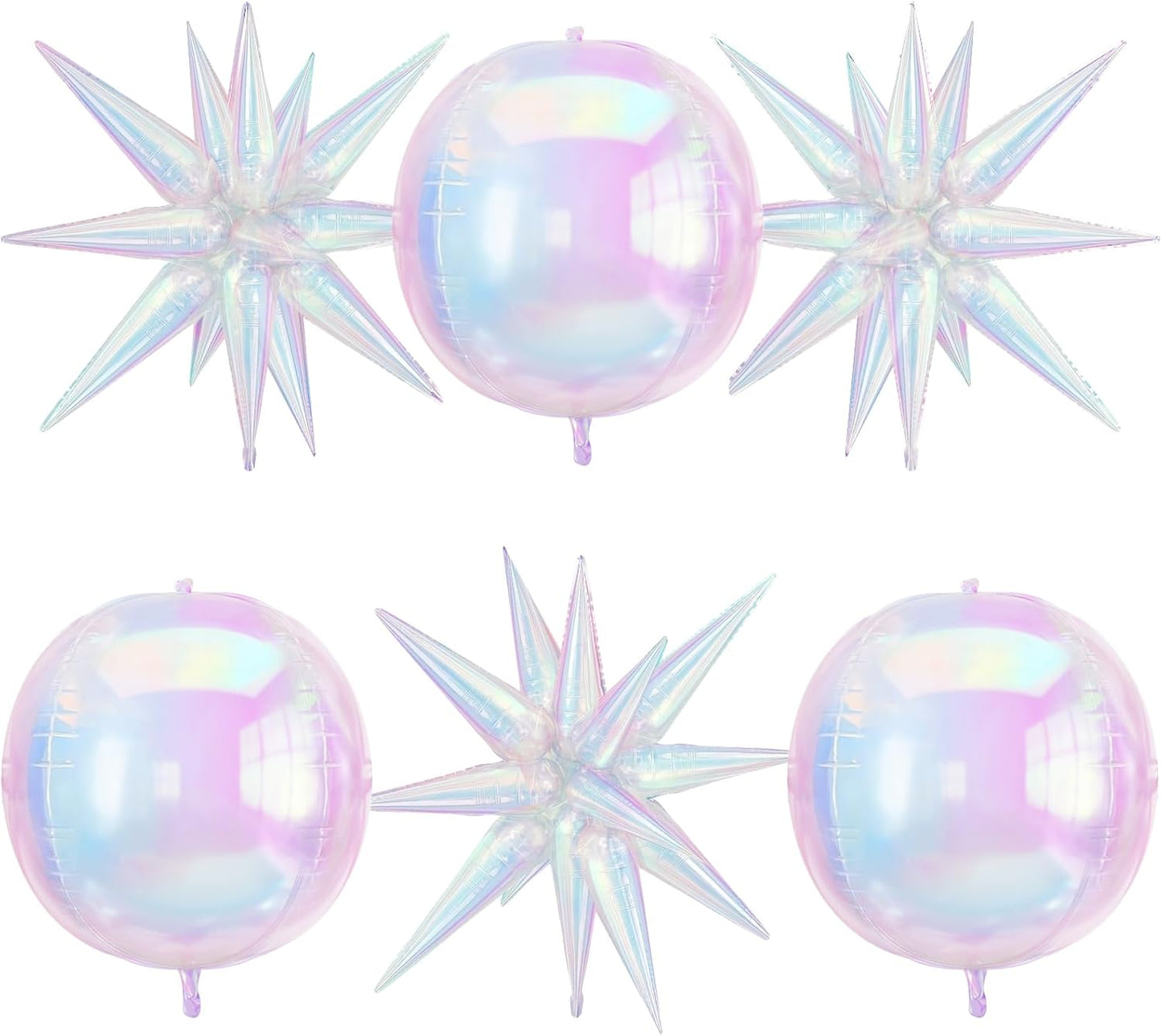 6Pcs Iridescent Foil Balloons, 22in 4D Round Ball and 18in Explosion Star Iridescent Balloons, Large Holographic Clear Foil Balloon for Birthday Mermaid Rainbow Wedding Party Supplies