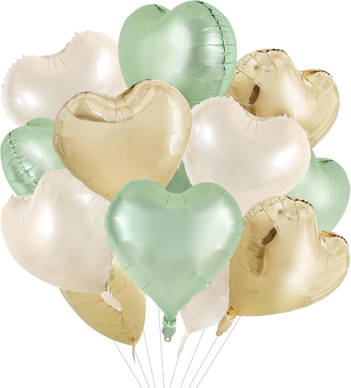 TONIFUL 15Pcs Sage Green Gold Heart Balloons 18 Inch Green Cream White Heart Shape Foil Mylar Balloons Decoration for Jungle Woodland Birthday Party Baby Shower Supplies