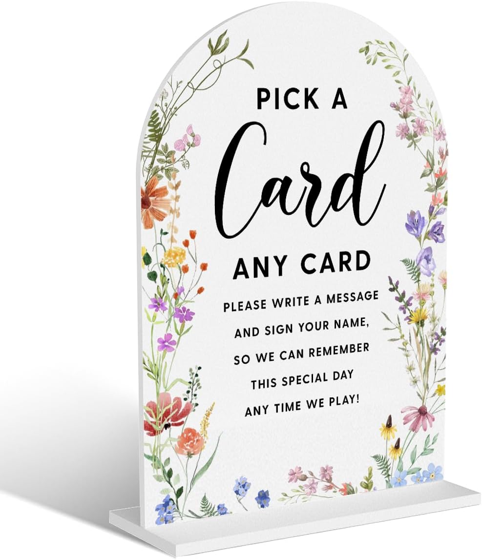 Acrylic Wedding Signs, Pick A Card Signs for Marriage Reception, Bridal Shower Decorations, Modern Arched Round Top Acrylic Table Top Sign with Holder for Wedding Party Dinner (White Wildflowers)