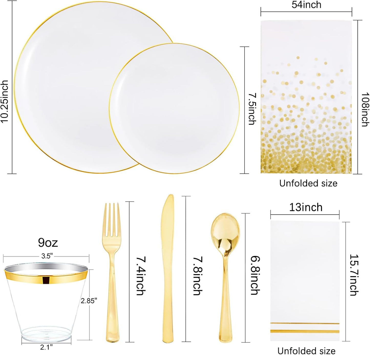 Festiva 176Pcs White and Gold Plastic Plates - White with Gold Rim Fall Dinnerware Set - 25Guest include Plates Cups Cutlery Napkins for Fall Party&Wedding& New Year&Thanksgiving