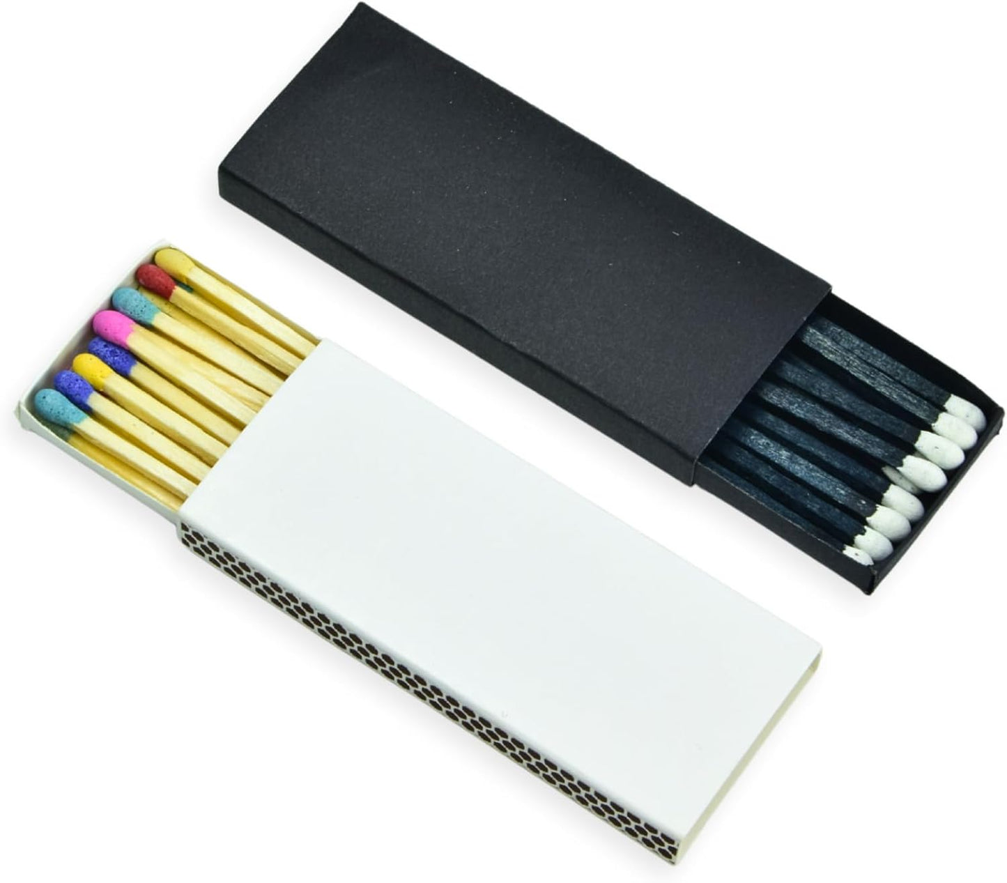 Chandler Studio 10 Boxes - Wooden Matchsticks in a Blank Matchbox with White/Black Matchboxes Colorful Tips (3" Matchboxes, 10 Boxes)