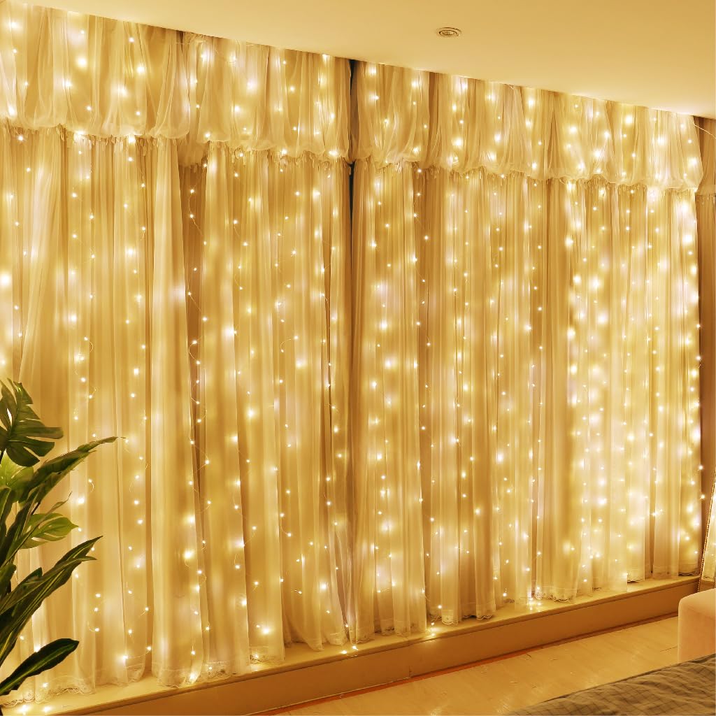 HXWEIYE 300LED Fairy Curtain Lights, 9.8x9.8Ft USB, Remote, 8 Modes & Timer