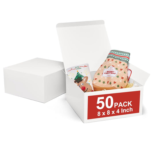 MESHA 8x8x4 Gift Box 50 Pack White Gift Boxes with Lids, DIY Bridesmaid Proposal Box, Recyclable,Foldable Box for Wedding, Birthday Party