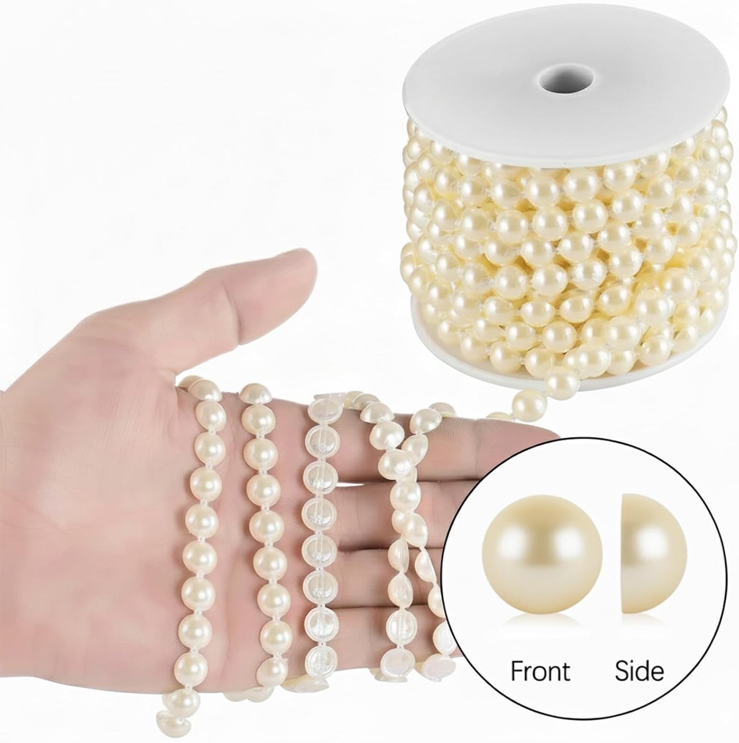 Half-Round Pearl Bead Garland String 11 Yards, 10MM Flat Pearl Beaded Spool Roll Crafts for Wedding Party Decoration (Ivory)