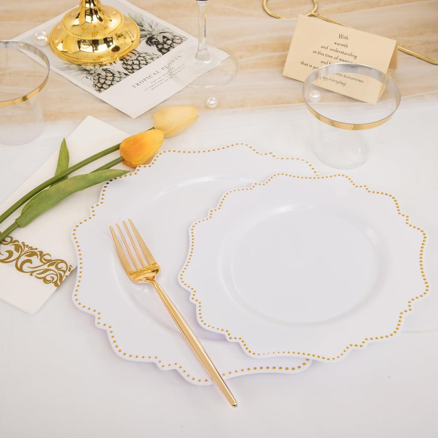 COLOSUS 175pcs Plastic Party Plates Disposable Plastic Dinnerware set. 25guests White Gold Dinner & Dessert Plates with Silverware Cups and Napkins for Party Dinner and Wedding