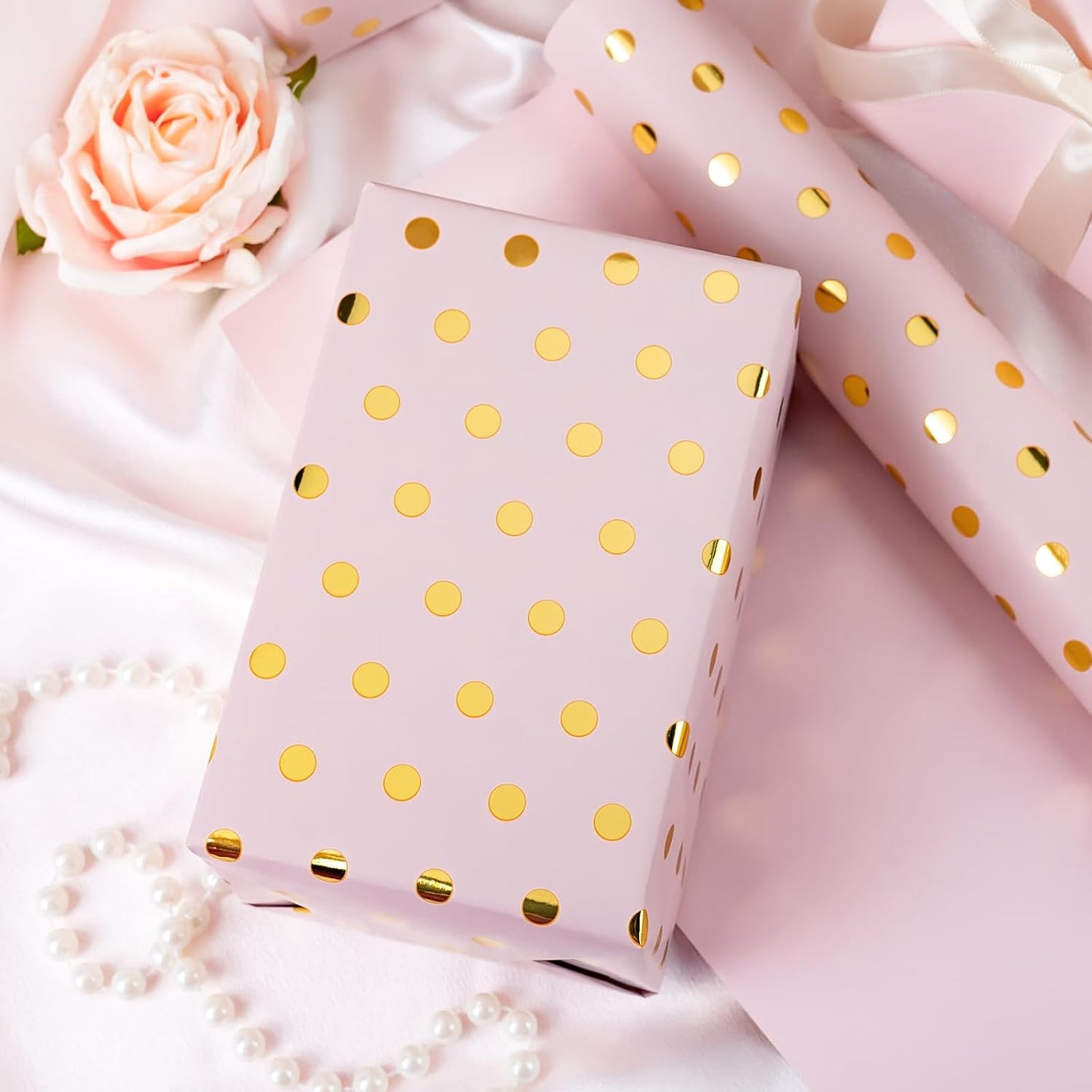 Flyhill Pink Wrapping Paper Roll,Reversible Mini Roll Gold Foil Polka Dot Gift Wrap for Birthday,Girls,Baby Shower,Wedding (17 Inch X 32.8 Feet)