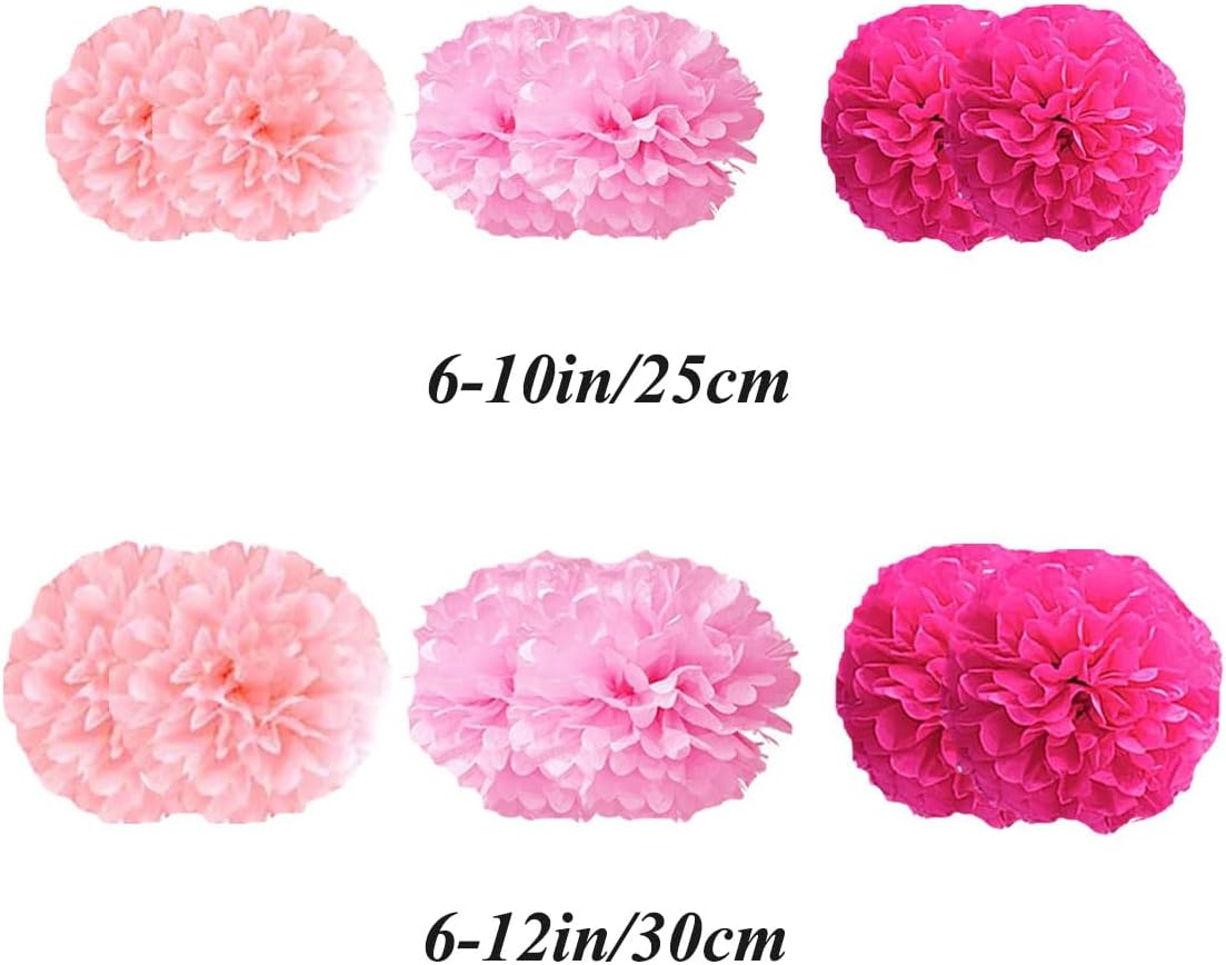 12pcs 10in 12in Pink Pack Paper Pom Poms Tissue Paper Party Pink Decor Flower Hanging Paper Flower Balls Wedding Party Flower Decorations DIY Art Craft Blooms for Birthday Baby Shower Nursery Decor