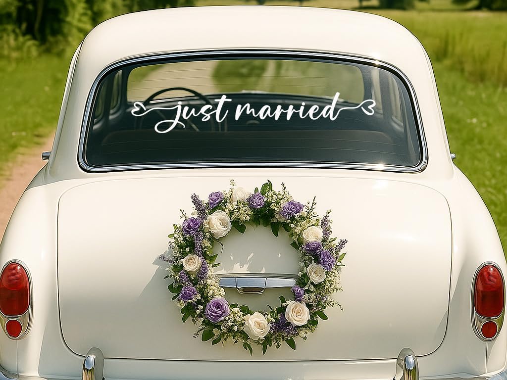 Just Married Car Decal – Wedding Bumper Sticker for Newlyweds, Unique Wedding Car Decoration (28 x 4.7 Inch)
