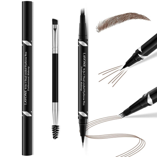 LAVONE Eyebrow Pen,2-IN-1 Dual-ended Waterproof Eyebrow Pencil,with 4 Tip Microblading Eyebrow Pen and Ultra-Precise Brow Pencil,Dual-ended Eyebrow Brush, for Natural Looking-Dark Brown