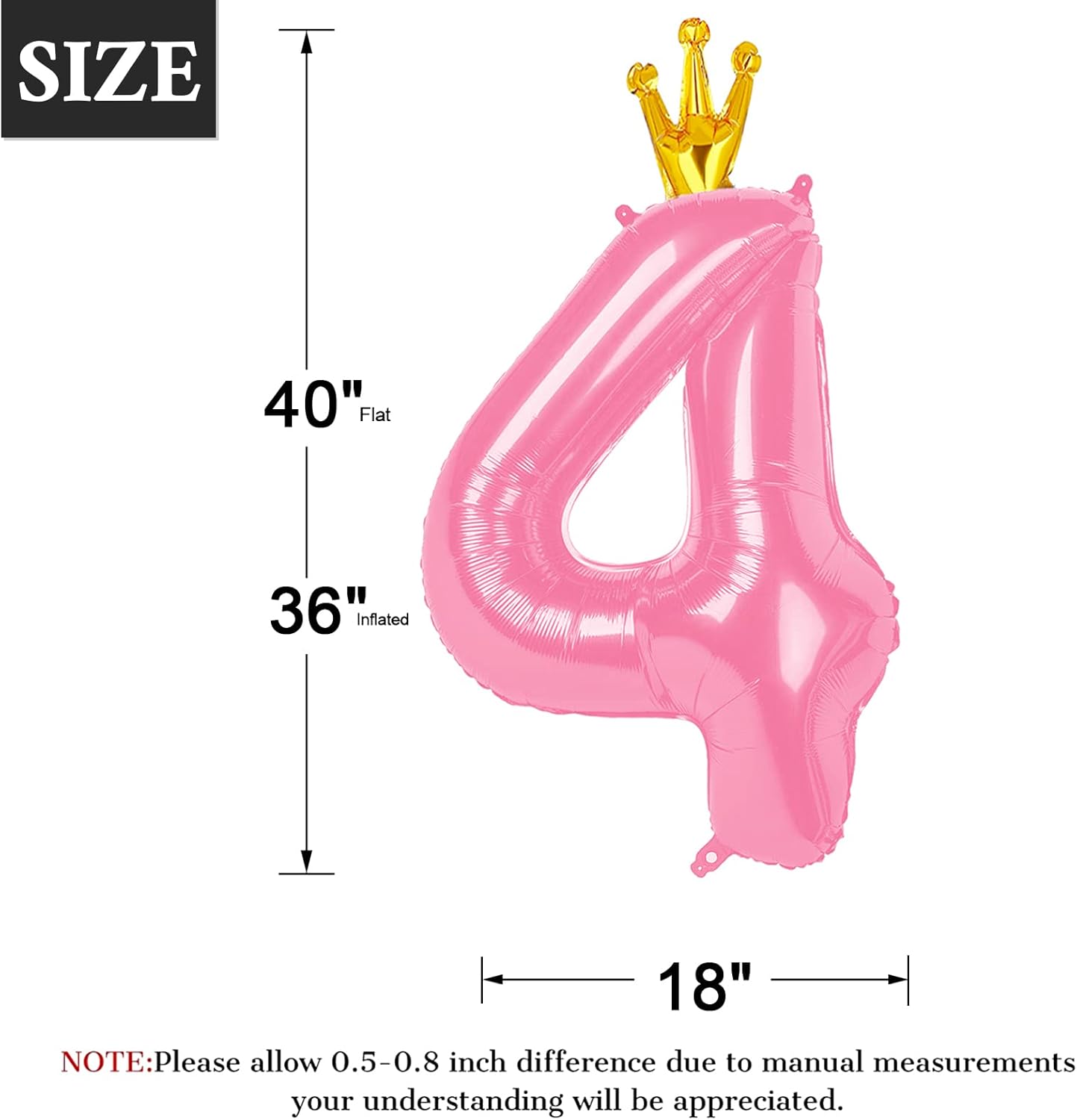 40 Inch Pink Crown Large Number 4 Balloons, Giant Foil Number Four 14 24 34 40 44 Balloons, Pink Crown Mylar Big Balloon for Anniversary Graduation Decorations