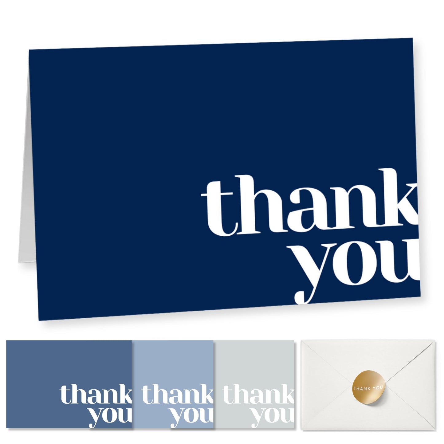 Paper Play Thank You Cards Bulk Pack of 40 Blue, 5x3.5 Inches with Matching Stickers & Envelopes