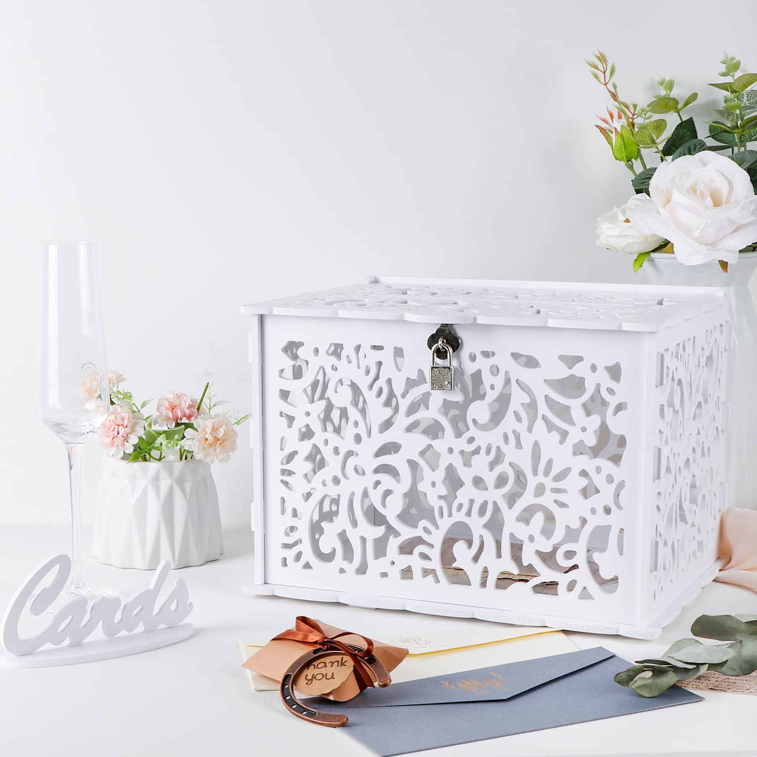 OurWarm White Wedding Card Box with Lock, PVC Gift Card Box for Wedding Decorations for Reception