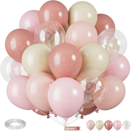 Dusty Pink Balloons, 12 Inch Pastel Pink Balloons, Blush Macaron Orange White Transparent Latex Balloon for Girl Baby Shower Gender Reveal Romantic Wedding Engagement Party Decorations