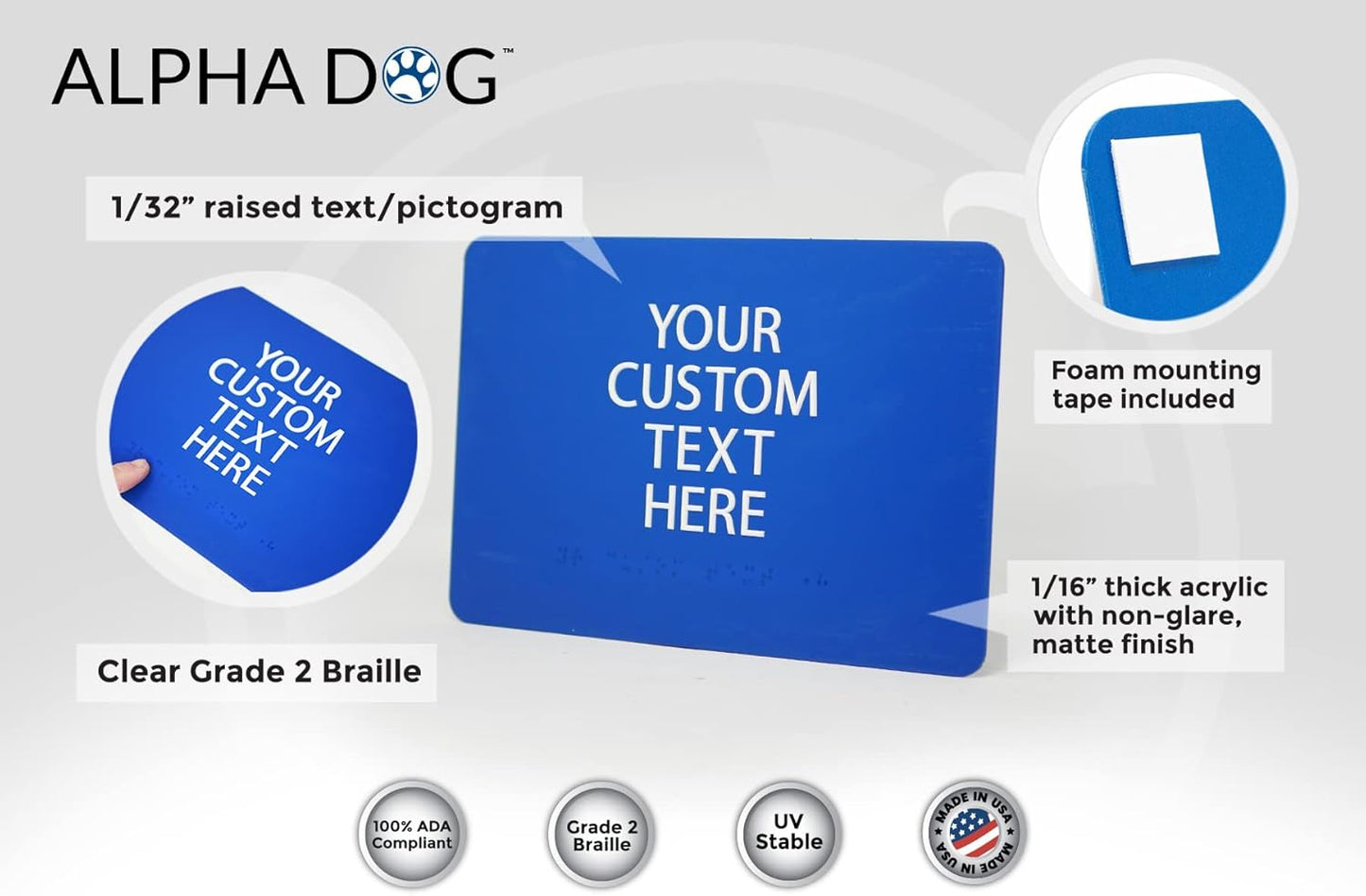 ALPHA DOG ADA SIGNS Custom ADA Compliant Braille Sign, 6"x9" Room Identification Plaque, Tactile Text, Raised Letters, Personalized 4-Line, Indoor/Outdoor, USA-Made (Blue)