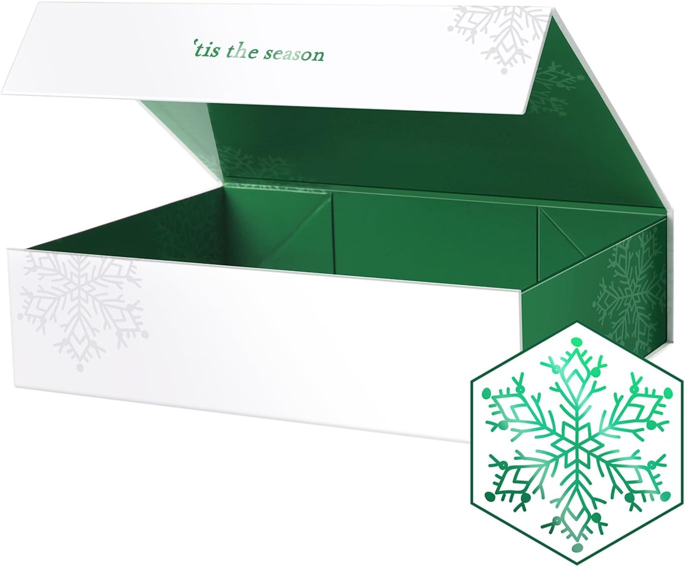 PACKHOME Christmas Gift Box 13x9.7x3.4 Inches, Large Gift Box with Lid, Sturdy Shirt Box with Magnetic Lid for Wrapping Gifts (Green Snowflake Pattern)