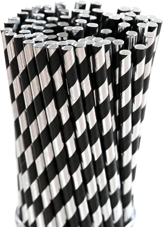 Disposable Paper Straws - Black Silver Striped Drinking Straws for Bar, Wedding, Brithday, Party Supply, Cake Pop Sticks, Cocktail, Drinks, 7.75" x 0.24"