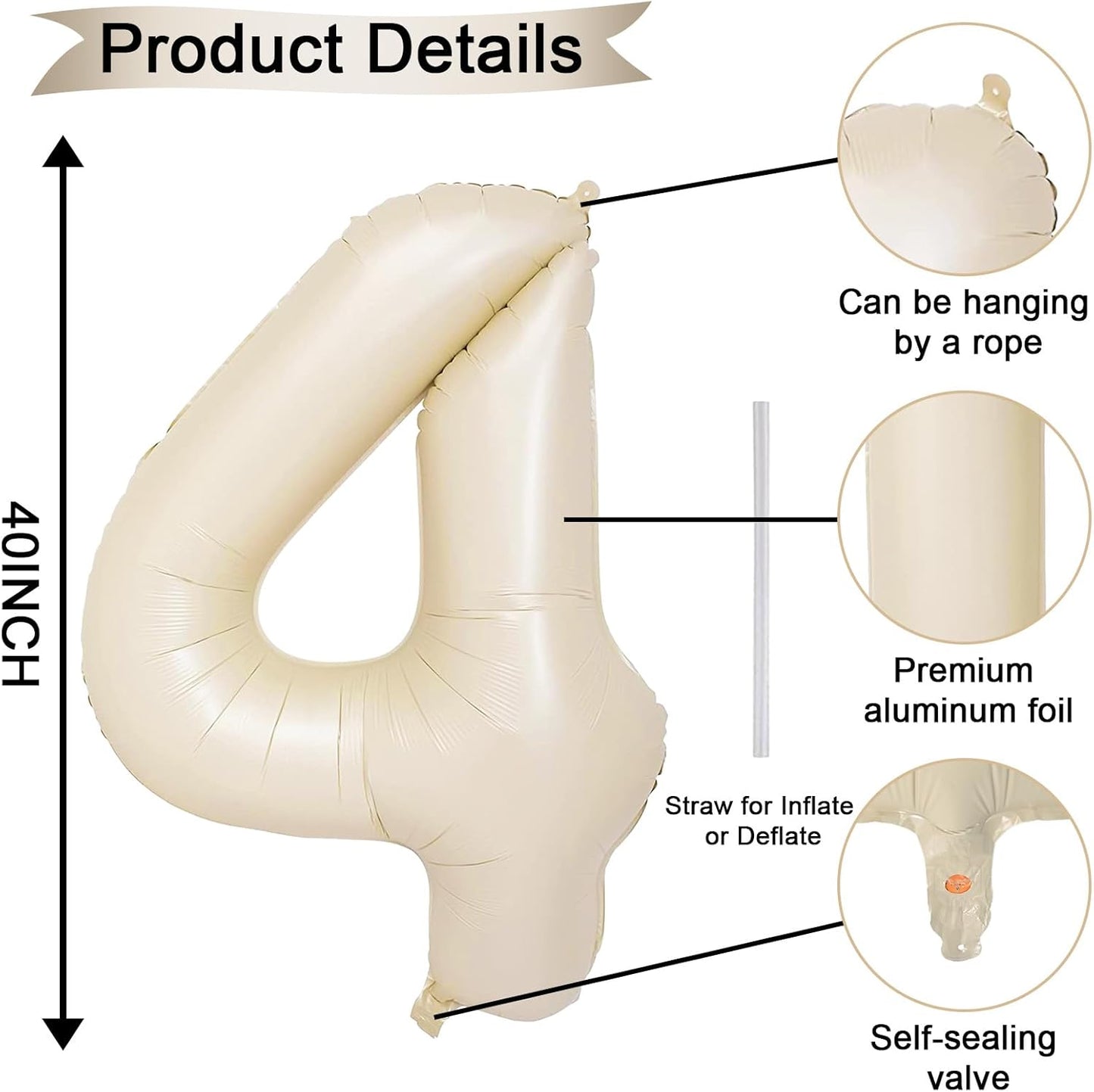 40 Inch 4 Balloons, Large Beige Number 4 Balloon for 4th Birthday Foil Number Balloons Set 0-9, Self Inflating White Sand Digital 4 Helium Balloon for Girls Birthday Women Anniversary Party Decoration