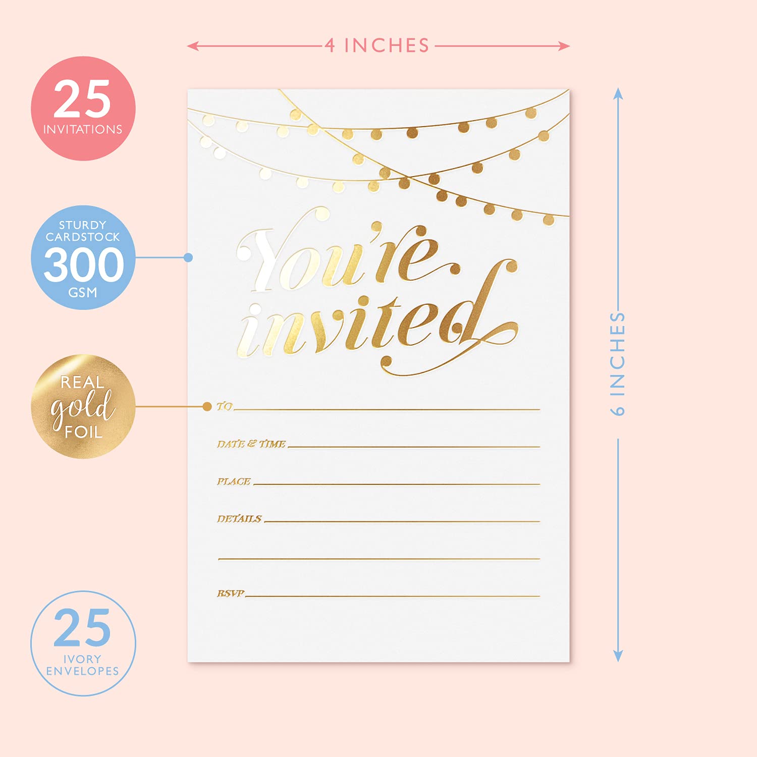 S&O Party Invitations! 25 Gold Foil Traditional Invitations with Envelopes, Wedding, Baby, & Bridal