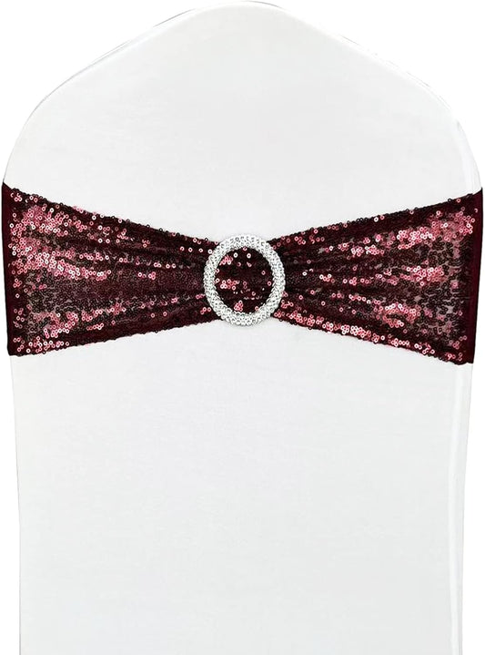 10 Pcs Sequin Chair Sashes Stretch Chair Bands Spandex Polyester Bows for Party Hotel Wedding Banquets Decoration - Burgundy