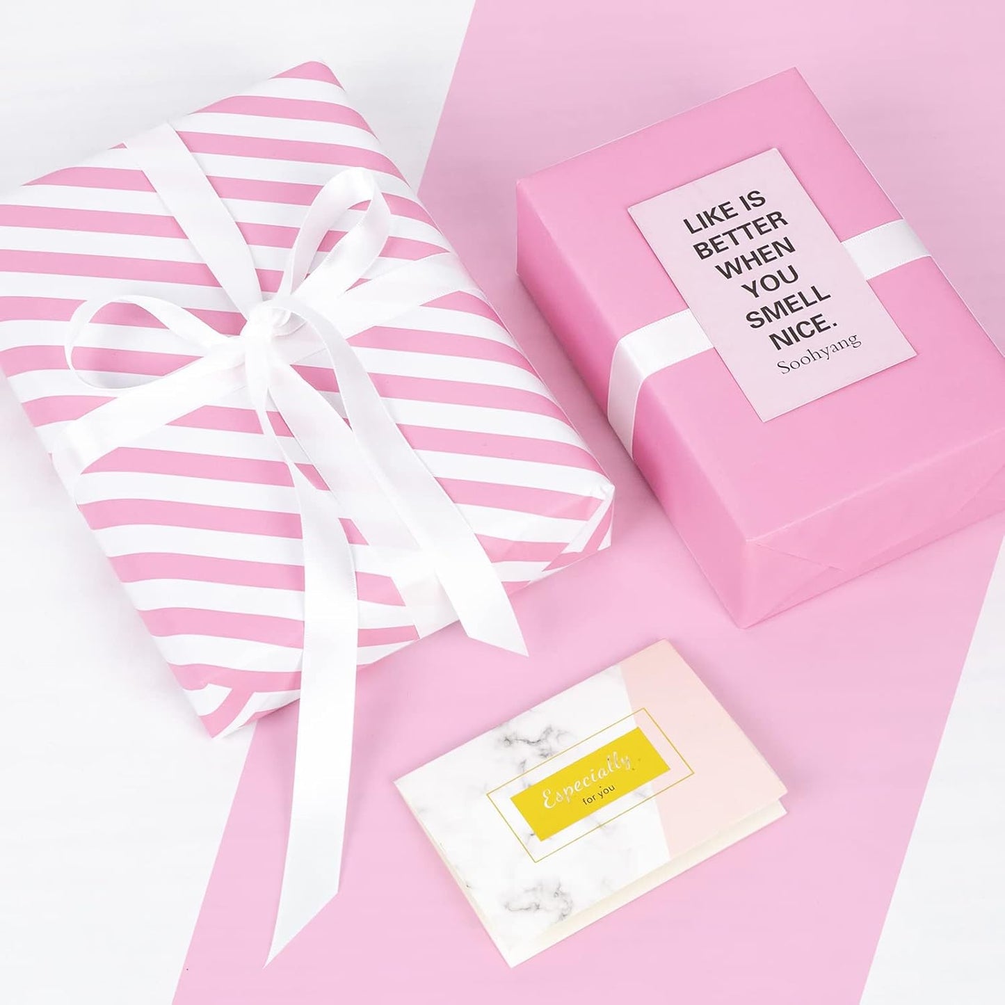 WRAPAHOLIC Reversible Wrapping Paper - Mini Roll - 17 Inch x 33 Feet - Pink and Stripes Design for Birthday, Wedding, Baby Shower, Holiday