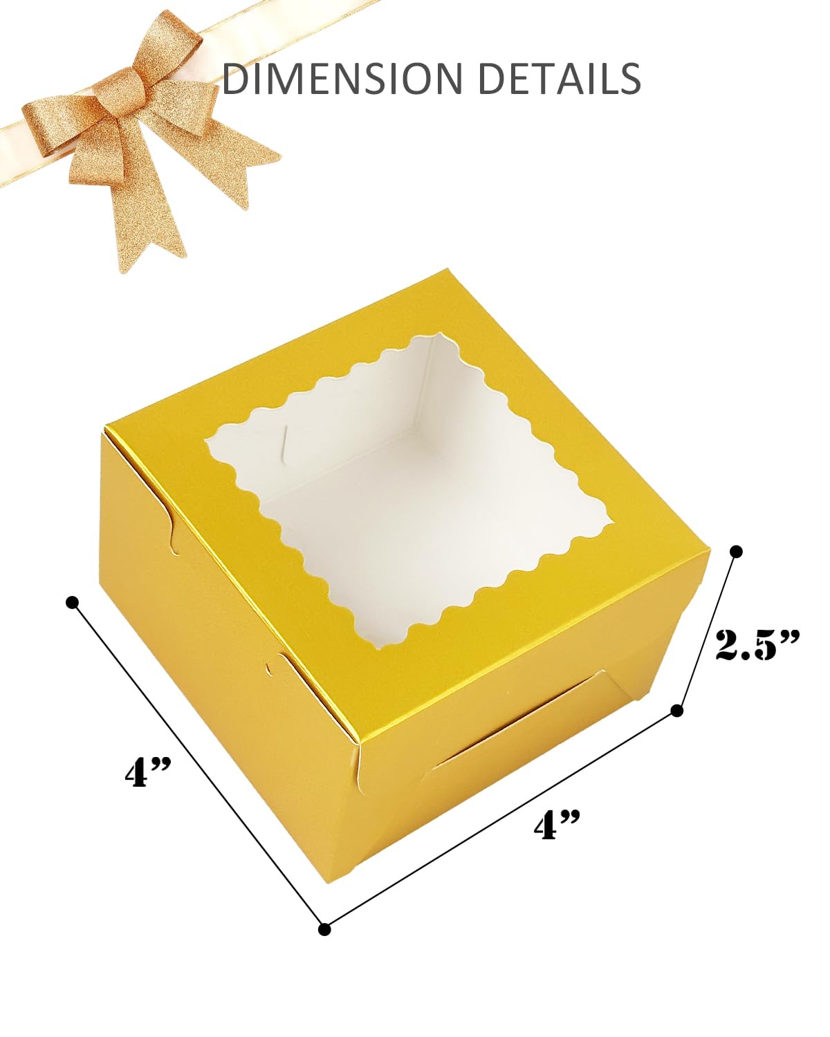 Bakepacker 60pcs Gold Bakery Boxes with Window 4x4x2.5 inches Thick & Sturdy Macaroon Pastry & Cookie Boxes