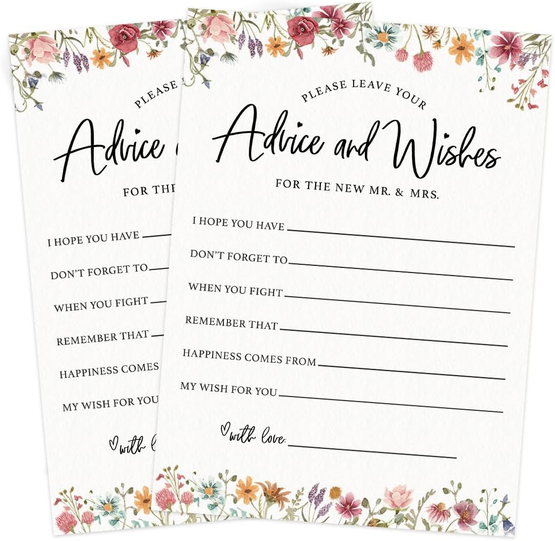 Printed Party Wedding Advice Cards – Wildflower Theme, Bridal Shower Games and Favors for Guests, Love In Bloom Floral Design, 30 Guests
