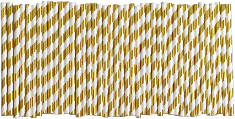 Gold White Stripe Paper Straws - 5.75 Inch Short Paper Drinking Straws, for Birthday, Wedding, Bridal, Party, Bars, Restaurants, Drinks - 500 Counts